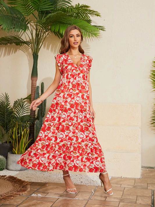 Floral V-Neck Cap Sleeve Summer Dress - adritiX
