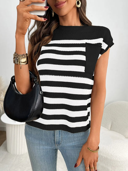 Striped Mock Neck Cap Sleeve Knit Top - adritiX