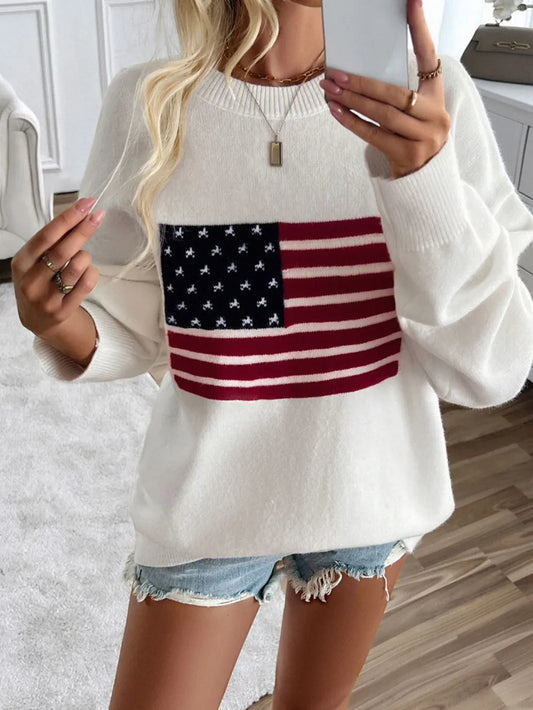 Devine US Flag Round Neck Long Sleeve Knit Top - adritiX
