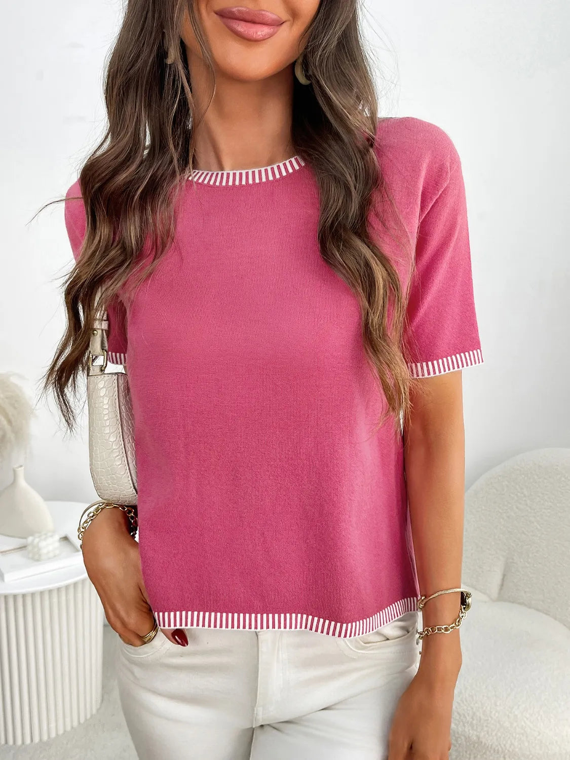 Short Sleeve Round Neck Knit Top - adritiX