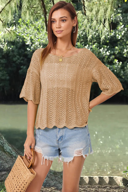 Openwork Round Neck Half Sleeve Knit Top - adritiX