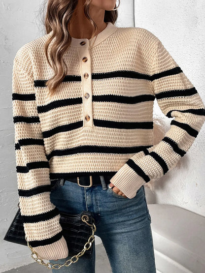 Perfee Striped Half Button Long Sleeve Sweater - adritiX