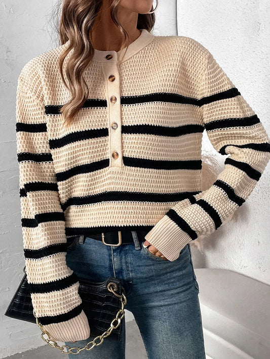 Perfee Striped Half Button Long Sleeve Sweater - adritiX