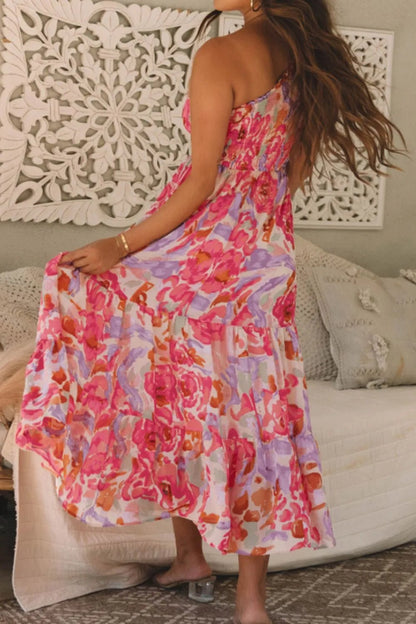 Floral Print Shirred One Shoulder Maxi Dress - adritiX