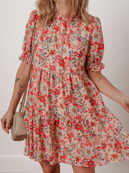 Floral Print Frilled Neck Puff Sleeve High Waist Dress - adritiX