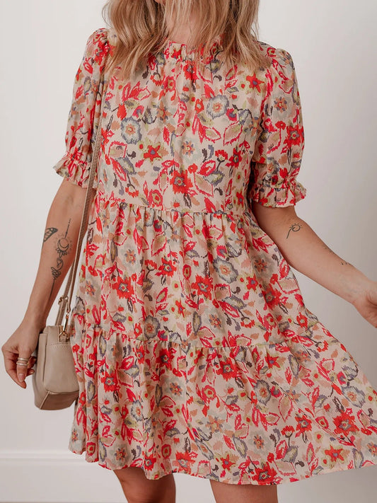 Floral Print Frilled Neck Puff Sleeve High Waist Dress - adritiX