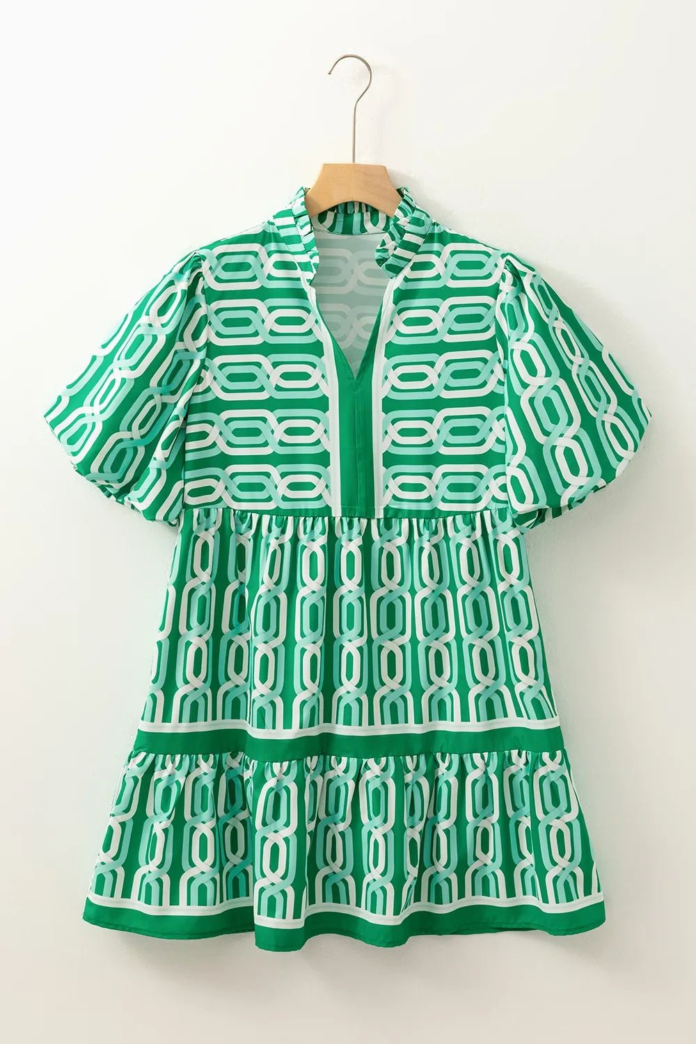 Abstract Patterned V Neck Puff Short Sleeve Mini Dress - adritiX