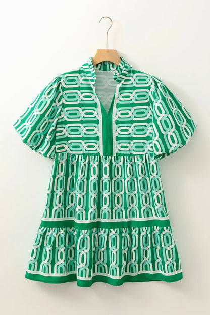 Abstract Patterned V Neck Puff Short Sleeve Mini Dress - adritiX