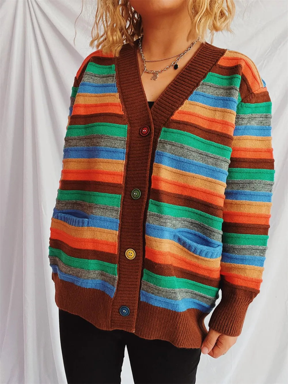 Contrast Stripes Button Up Long Sleeve Cardigan - adritiX