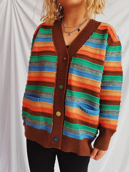Contrast Stripes Button Up Long Sleeve Cardigan - adritiX