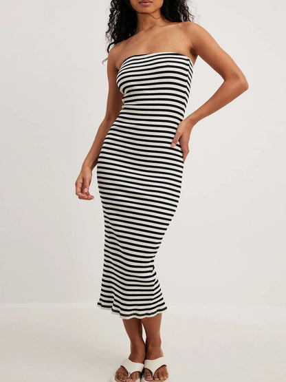 Slit Back Striped Strapless Bodycon Midi Dress - adritiX