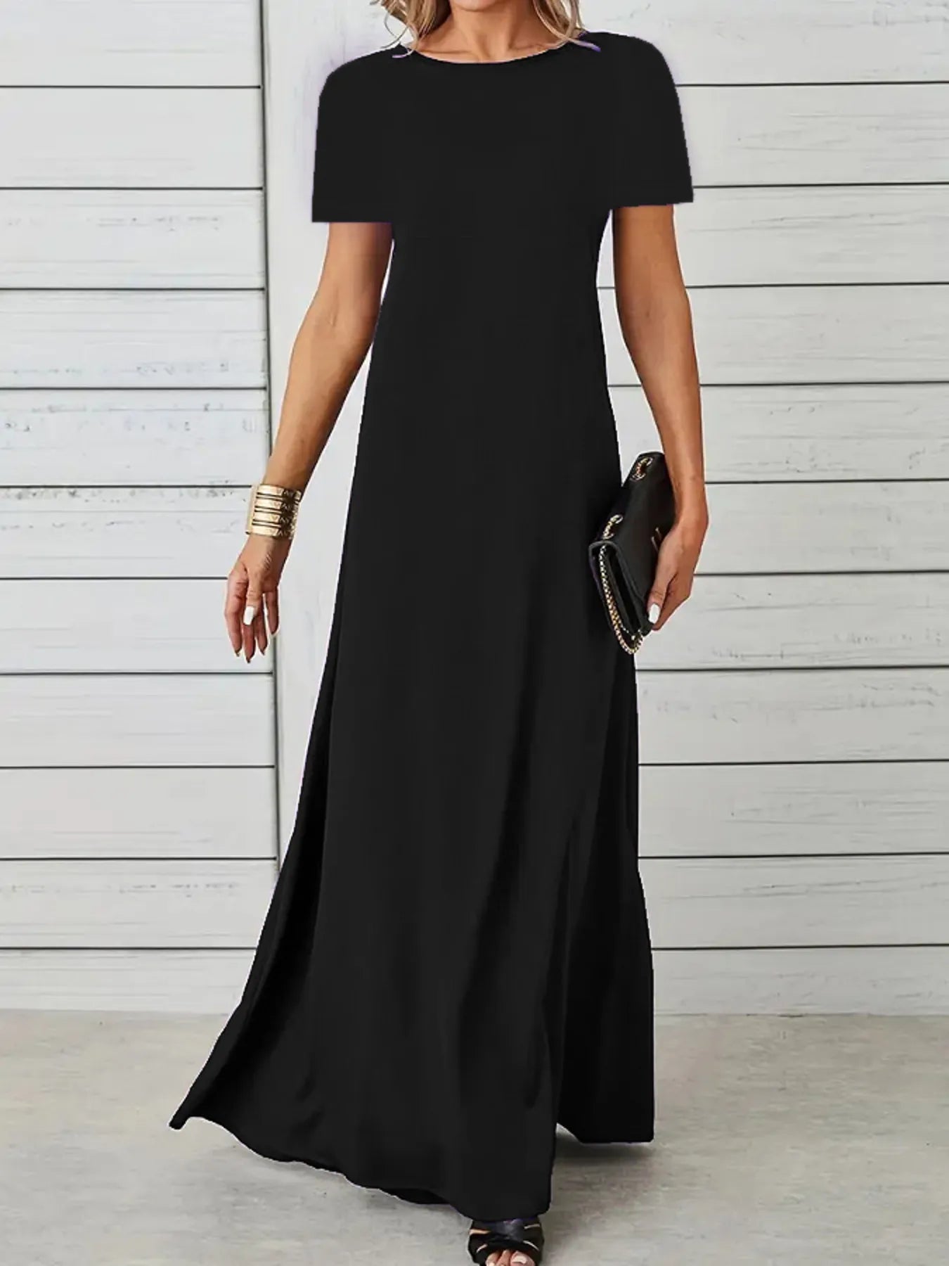 Full Size Round Neck Short Sleeve A-Line Maxi Dress Plus Size - adritiX