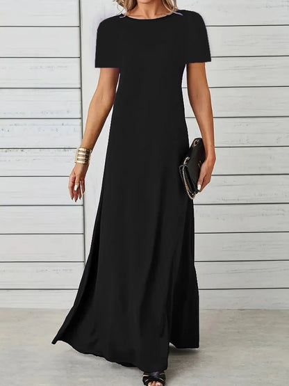 Full Size Round Neck Short Sleeve A-Line Maxi Dress Plus Size - adritiX