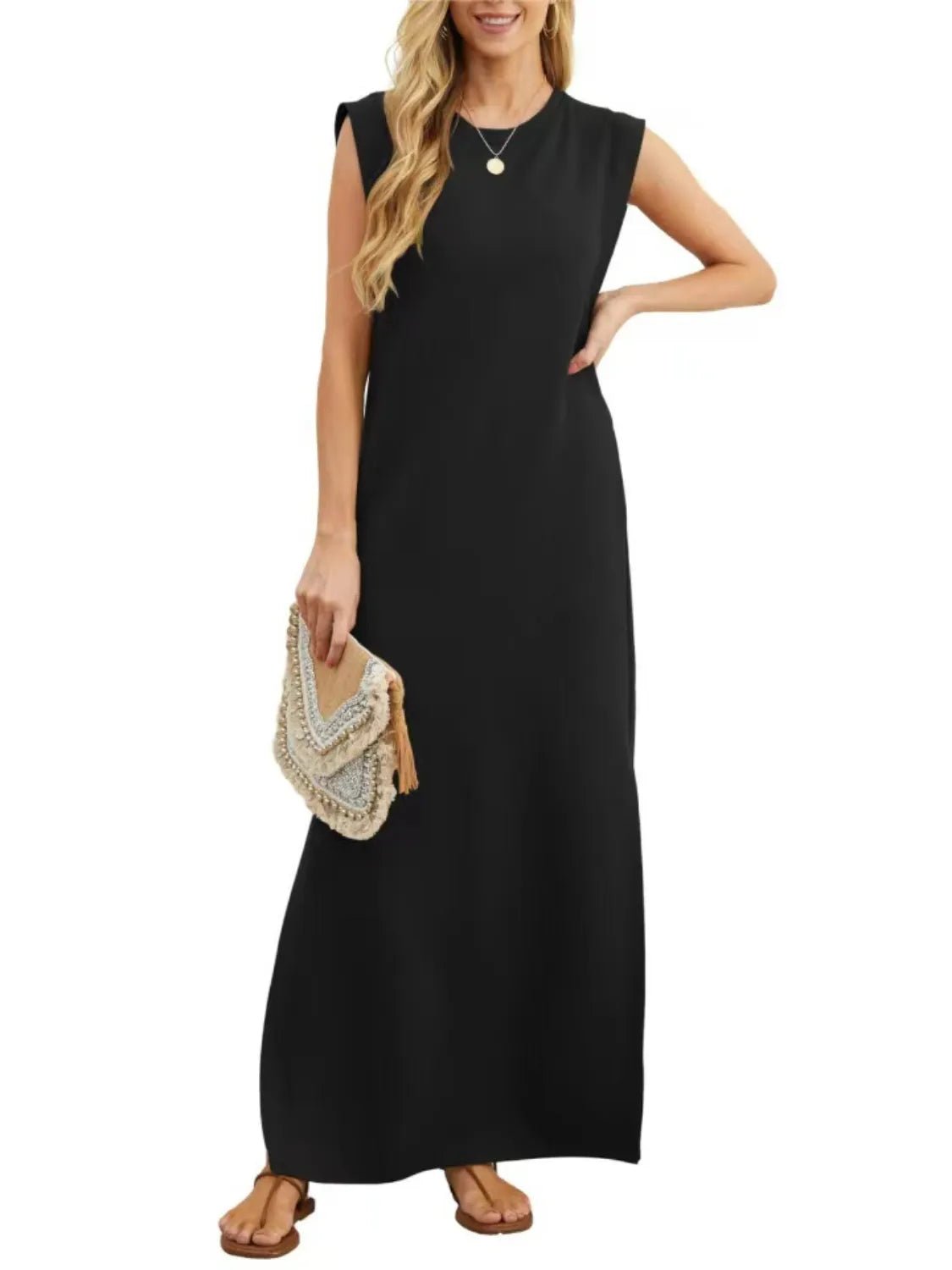 Full Size Slit Round Neck Sleeveless Maxi Tank Dress Plus Size - adritiX