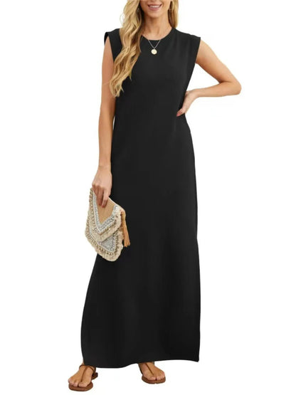Full Size Slit Round Neck Sleeveless Maxi Tank Dress Plus Size - adritiX