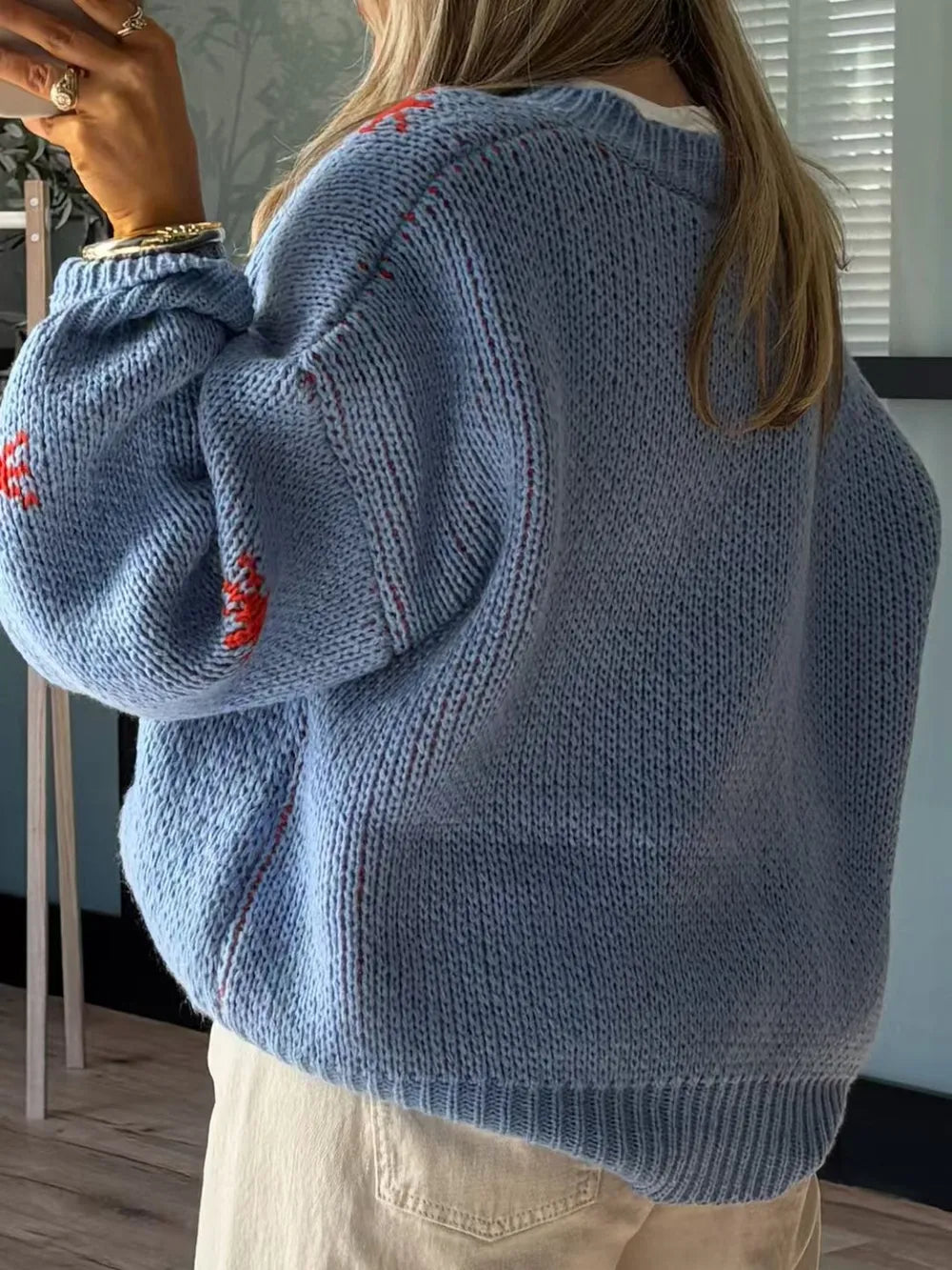 Elegant Boot Pattern Round Neck Dropped Shoulder Sweater - adritiX