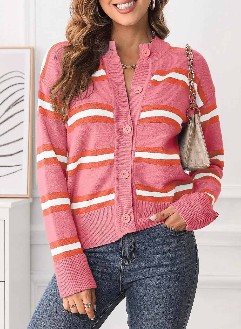Striped Button Down Long Sleeve Cardigan - adritiX