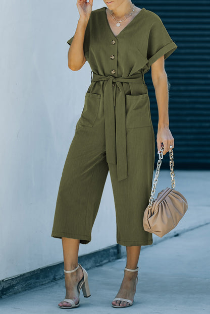 Elegant Tie-Waist Buttoned Cropped Jumpsuit - adritiX