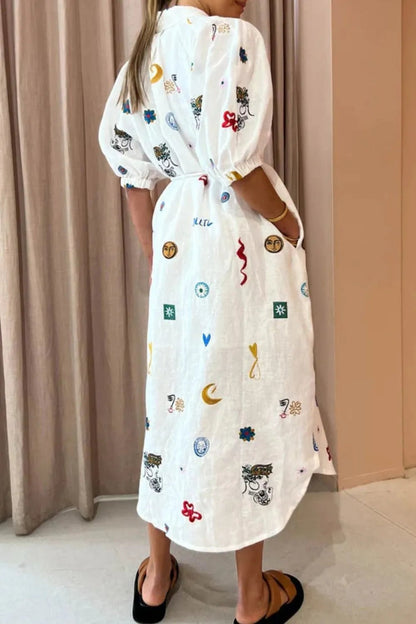 Printed Button-Up Midi Shirt Dress - adritiX