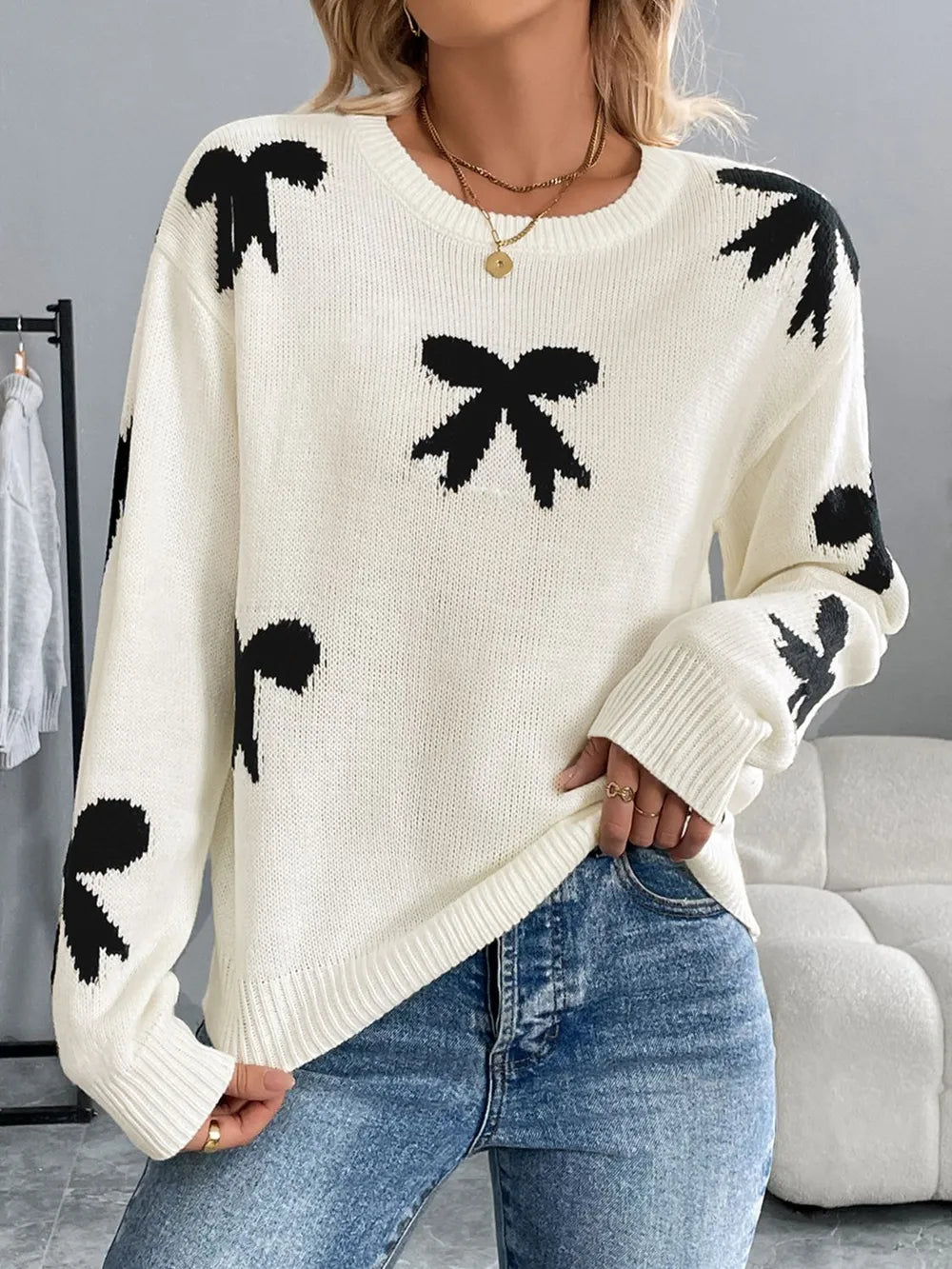 Perfee Bow Graphic Round Neck Long Sleeve Sweater - adritiX