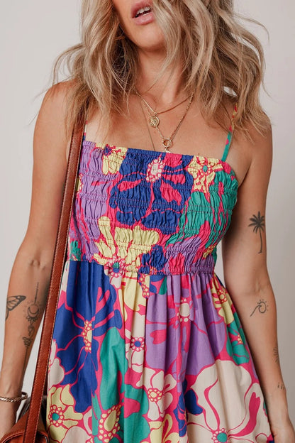 Floral Print Shirred Spaghetti Strap Loose Maxi Dress - adritiX