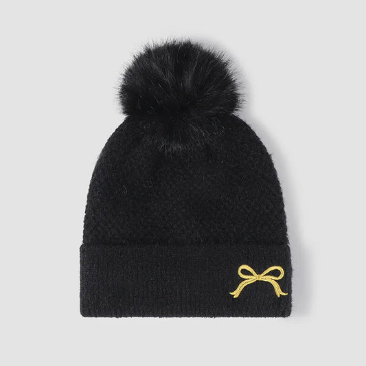 Thermal Bow Knit Hat with Pompom - adritiX