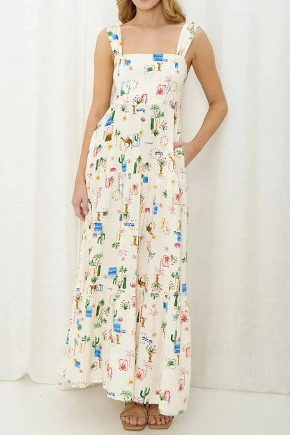 Printed Square Neck Wide Strap Maxi Dress - adritiX