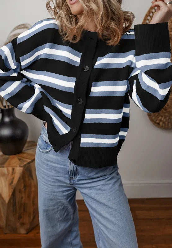 Striped Button Down Long Sleeve Cardigan - adritiX