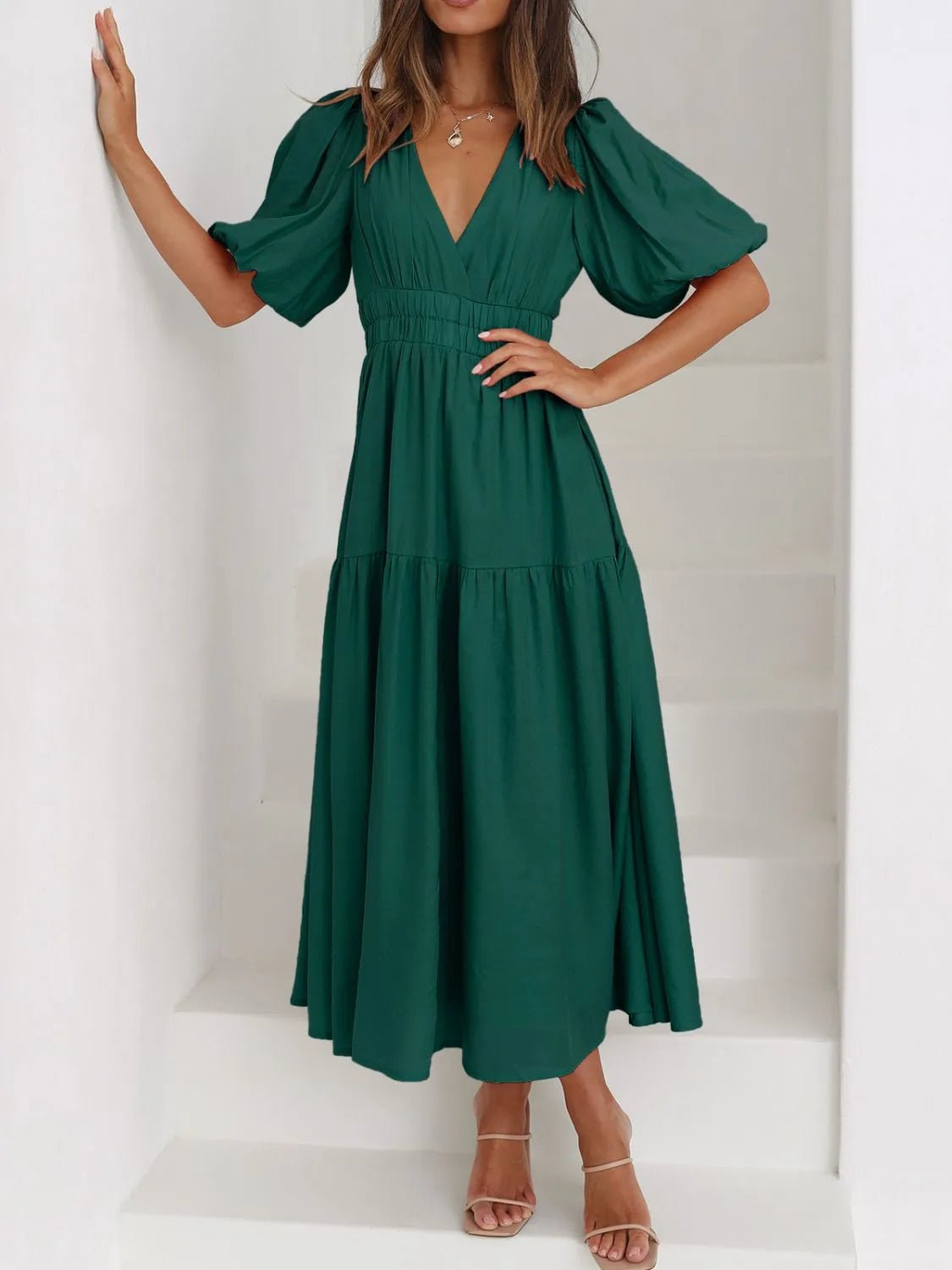V-Neck Puff Sleeve Midi Dress - adritiX