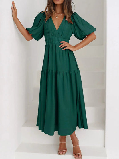 V-Neck Puff Sleeve Midi Dress - adritiX