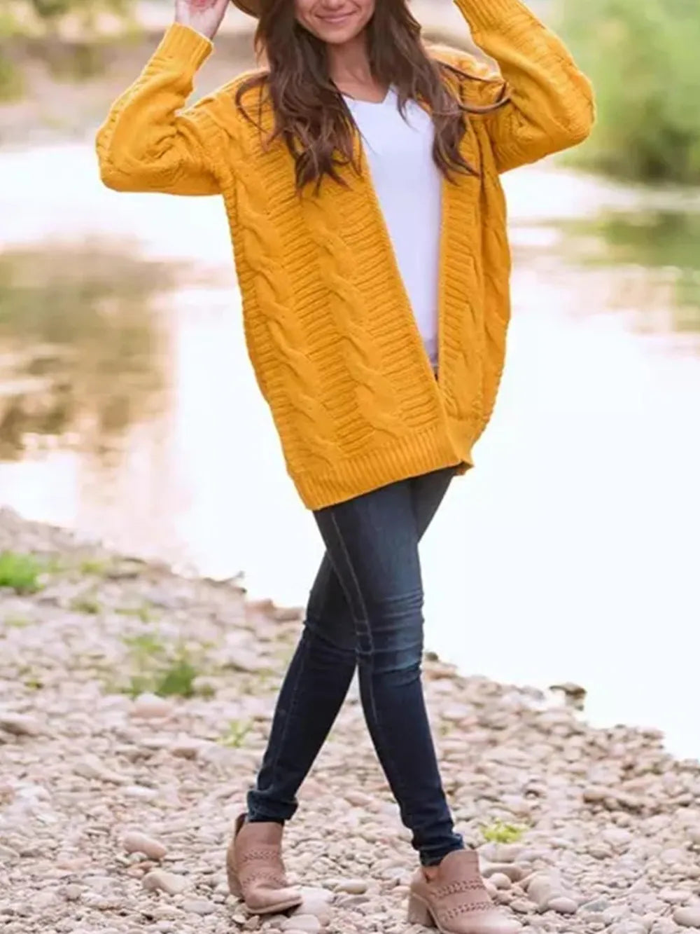 Cable-Knit Open Front Long Sleeve Cardigan - adritiX