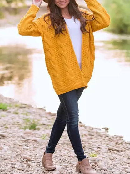 Cable-Knit Open Front Long Sleeve Cardigan - adritiX