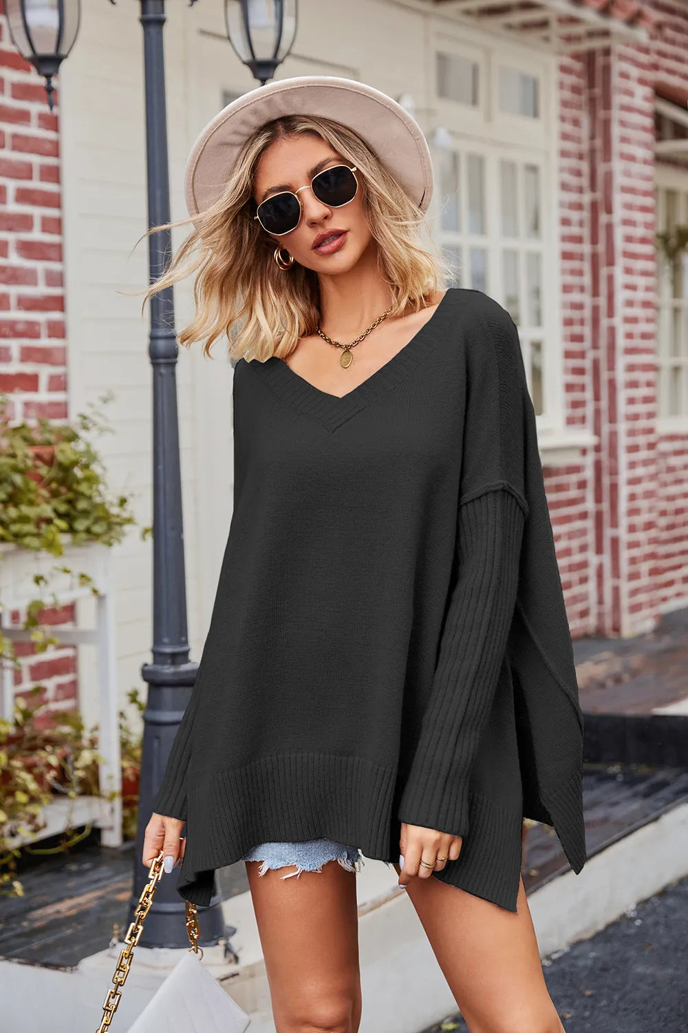 Slit V-Neck Dropped Shoulder Sweater - adritiX