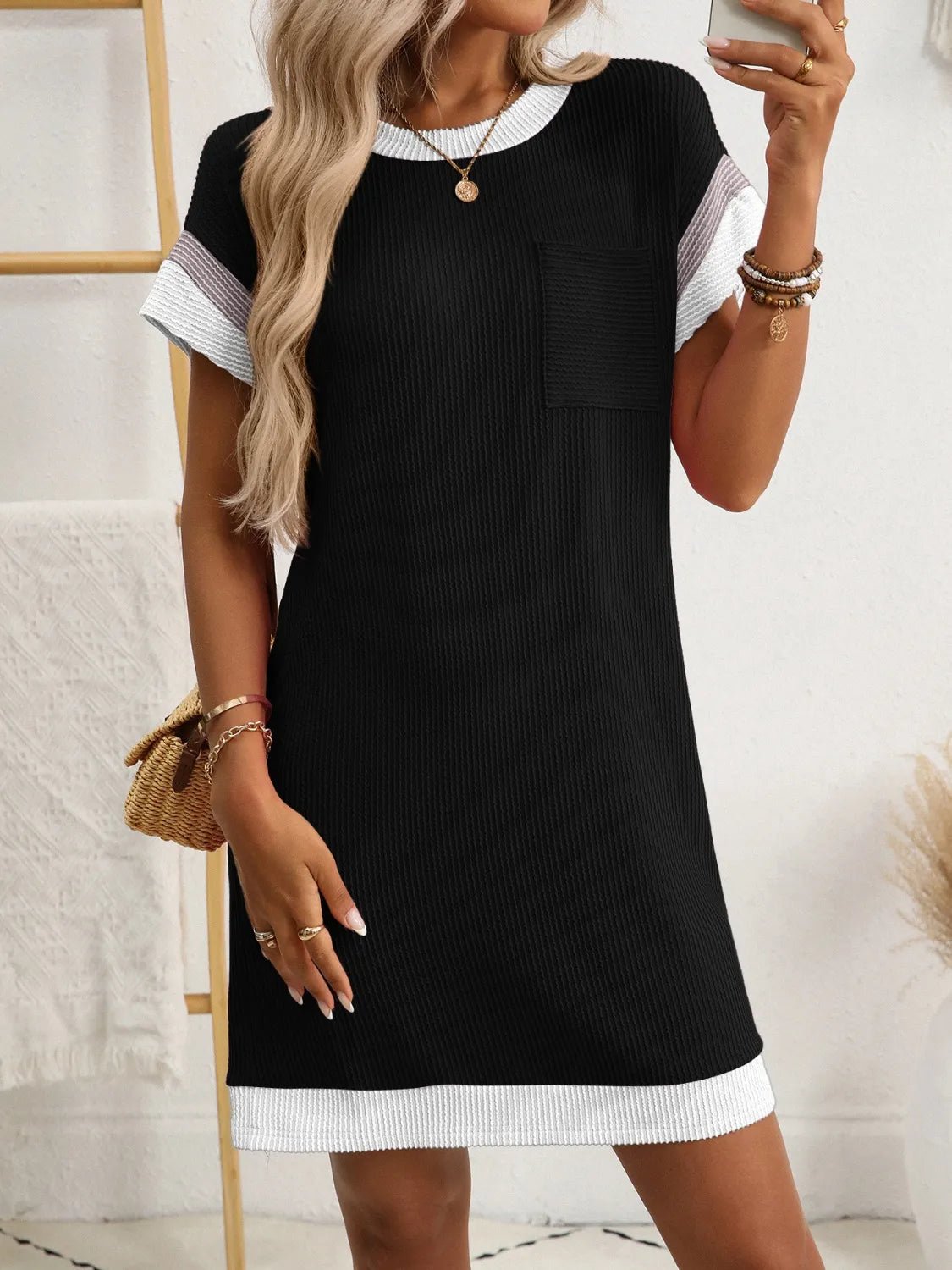 Round Neck Short Sleeve Mini Dress - adritiX