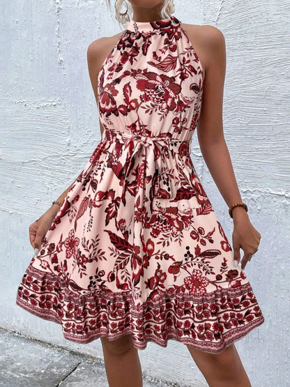 Floral Halter Neck Summer Dress with Belt - adritiX