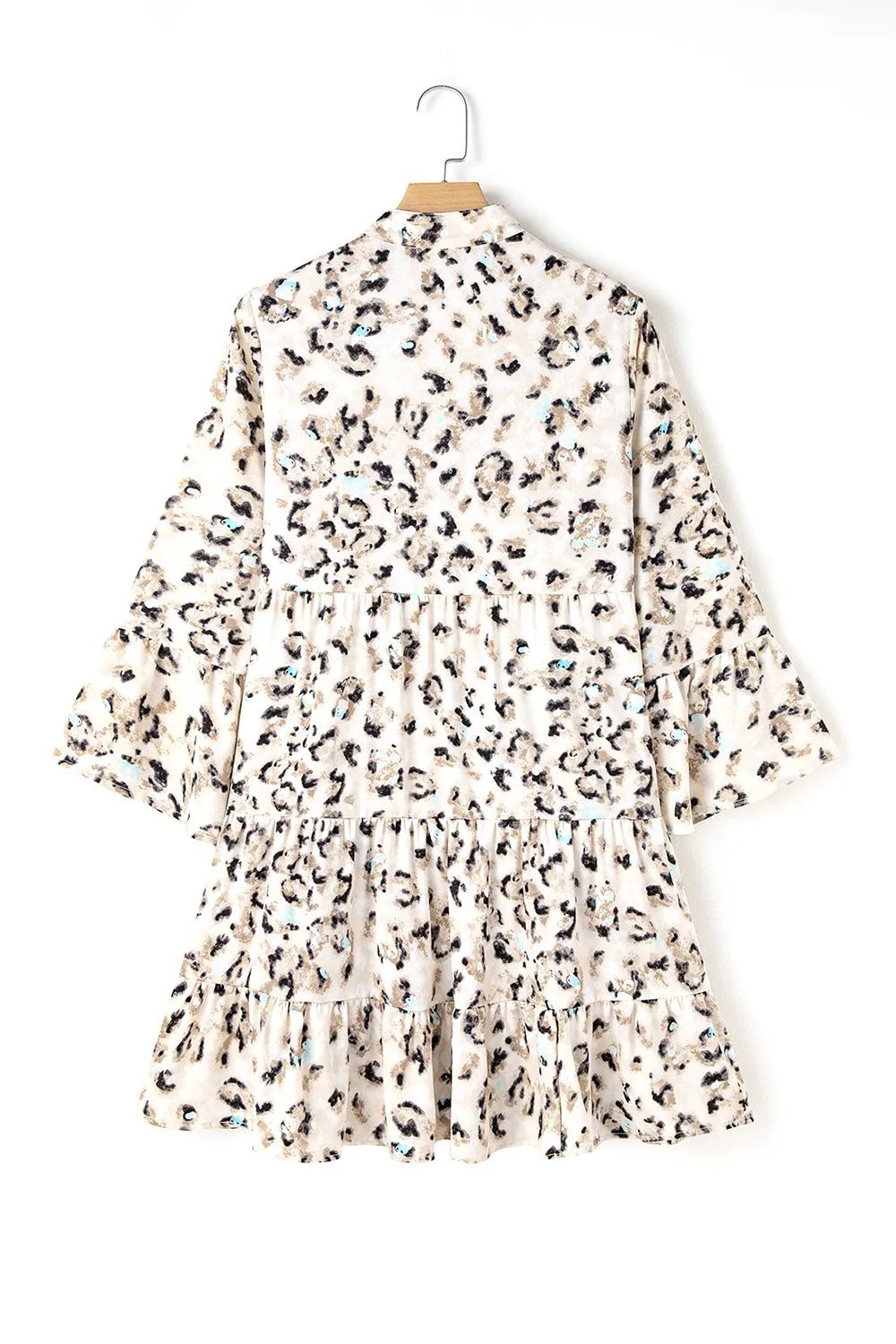 Leopard Print Buttoned Front 3/4 Sleeve Tiered Ruffled Hem Dress - adritiX