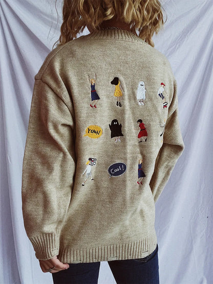 Embroidered Round Neck Dropped Shoulder Sweater - adritiX