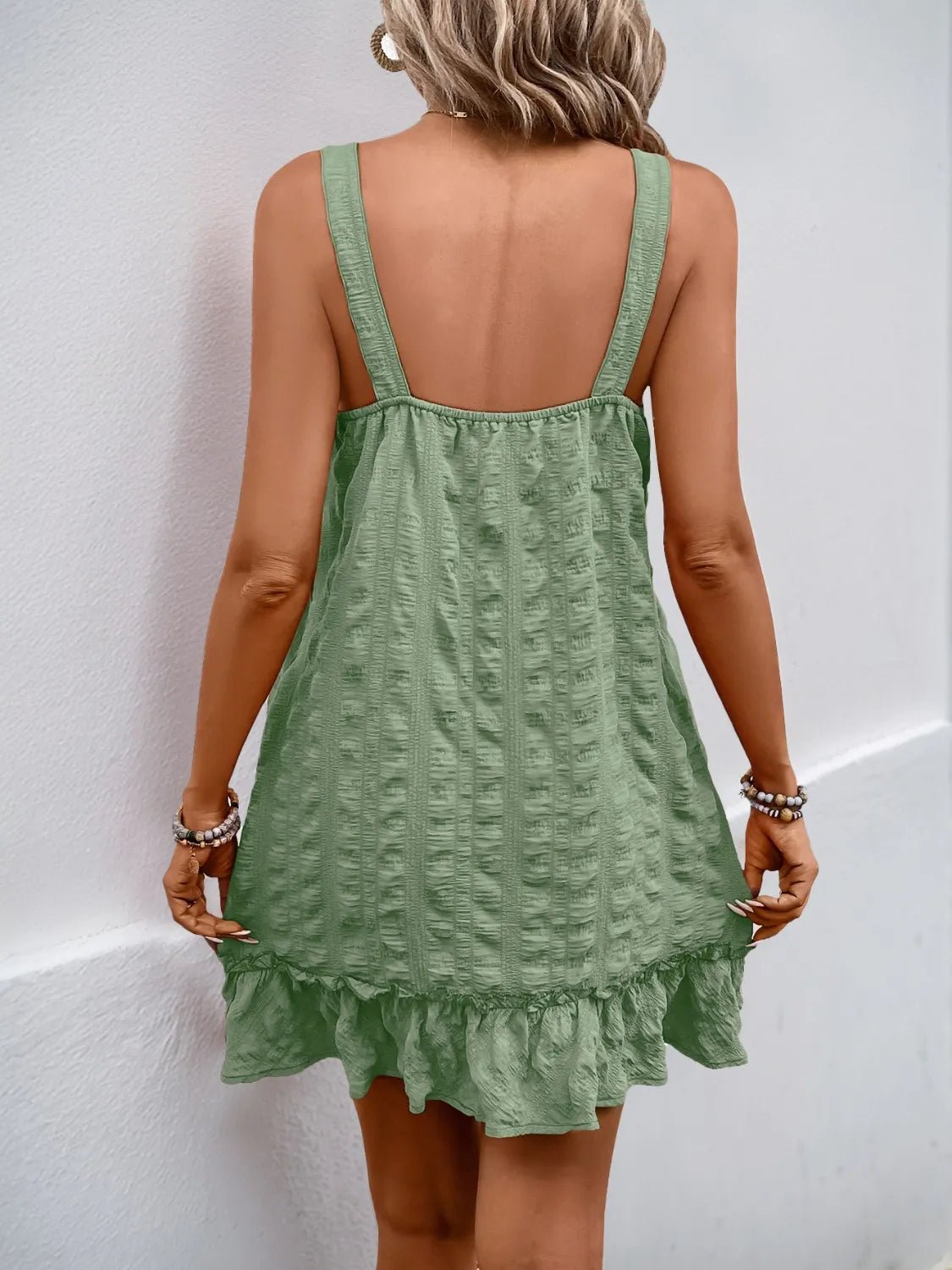 Ruffled Hem Adjustable Strap Square Neck Dress - adritiX