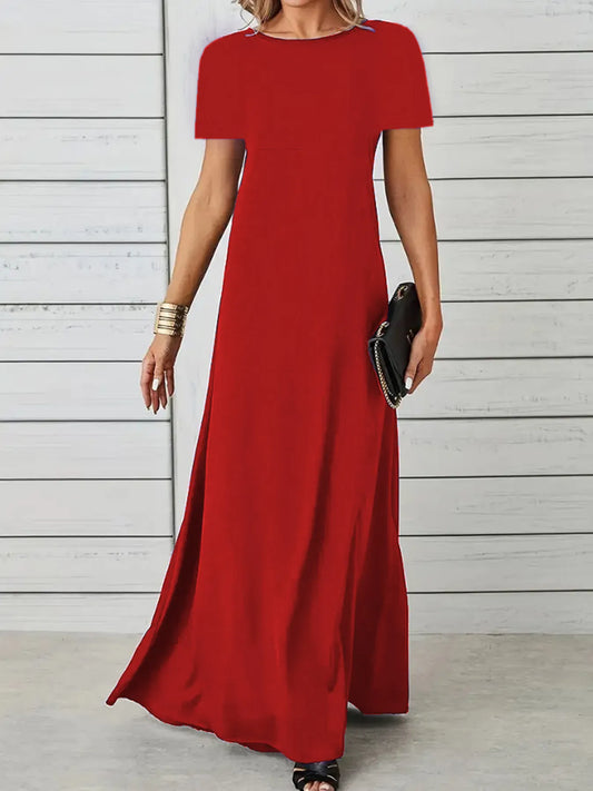Full Size Round Neck Short Sleeve A-Line Maxi Dress Plus Size - adritiX