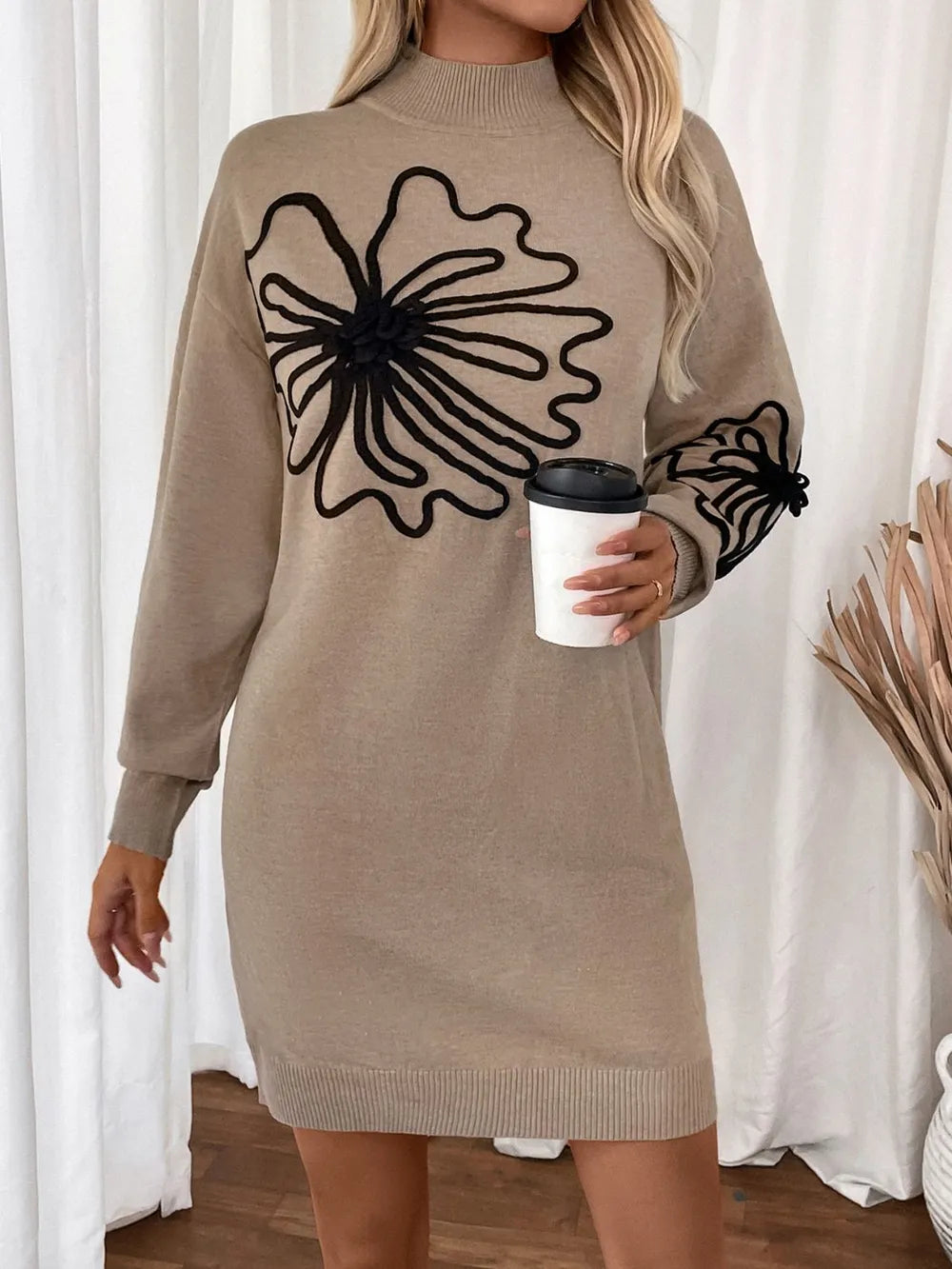 Perfee Flower Mock Neck Long Sleeve Sweater Dress - adritiX