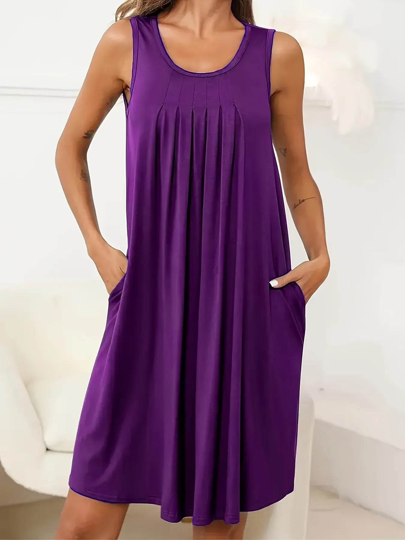 Flowy Pleated Tank Dress with Pockets - adritiX