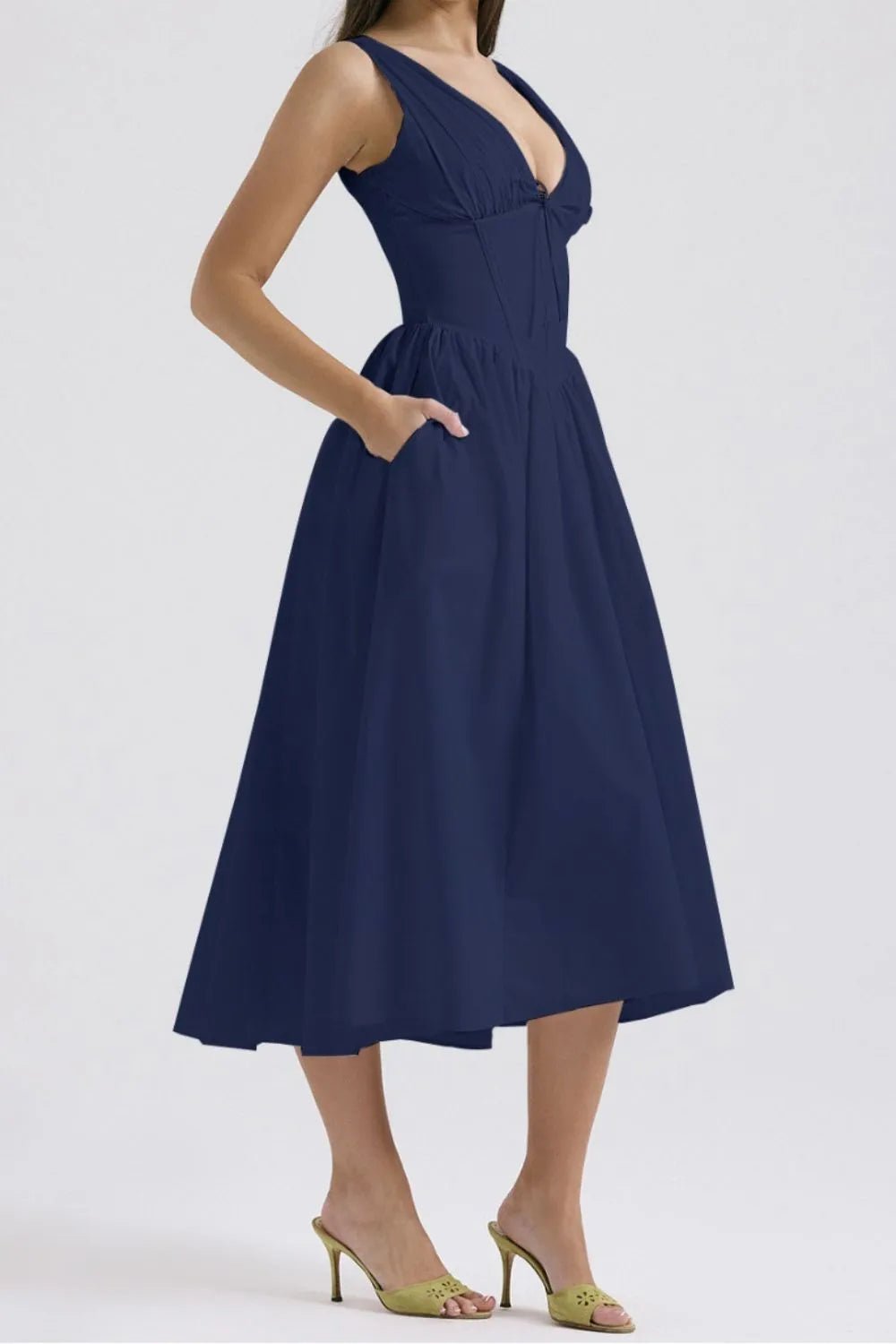 Chic & Sleek Ruched V-Neck Dress with Pockets – Effortless Style for Every Occasion - adritiX