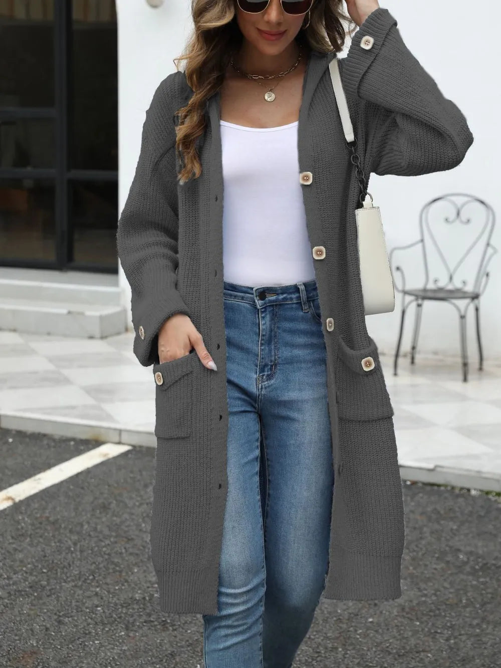 Pocketed Button Up Long Sleeve Hooded Cardigan - adritiX