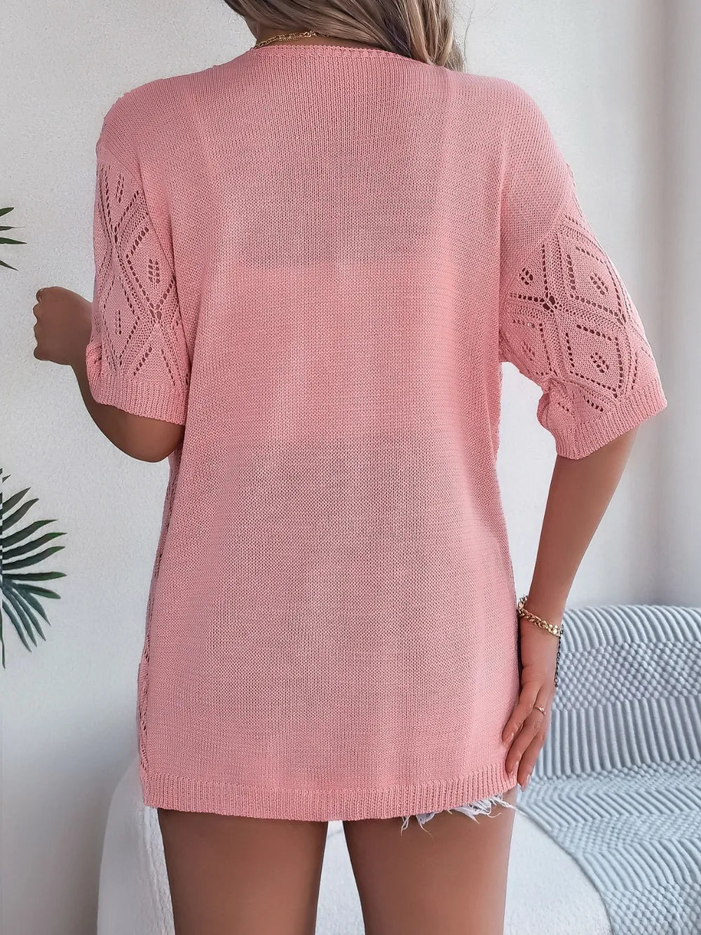 Openwork Open Front Half Sleeve Cardigan - adritiX