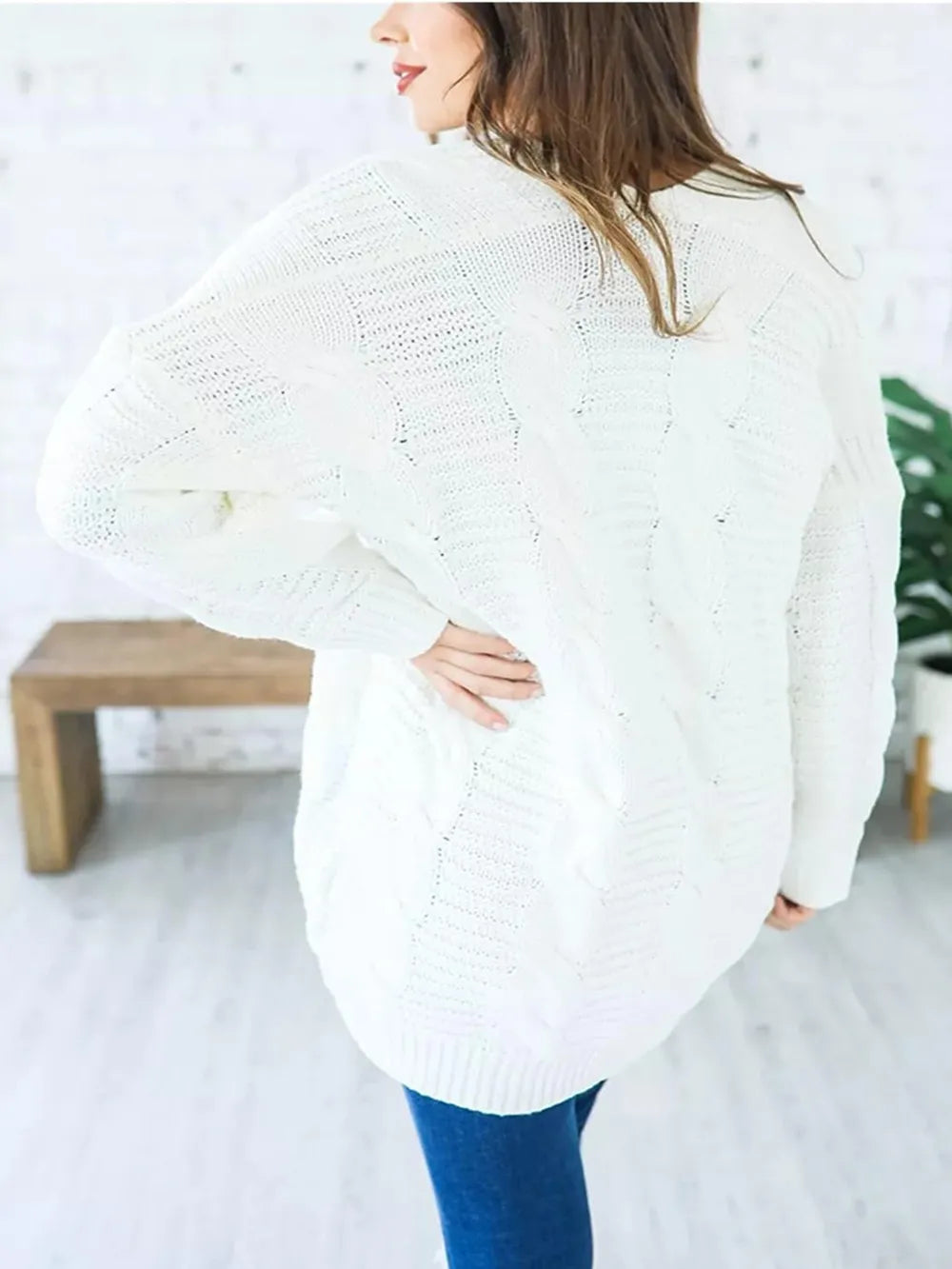 Cable-Knit Open Front Long Sleeve Cardigan - adritiX