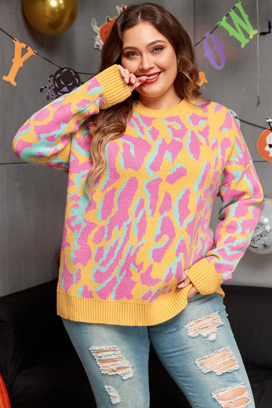 Plus Size Contrast Round Neck Long Sleeve Sweater - adritiX