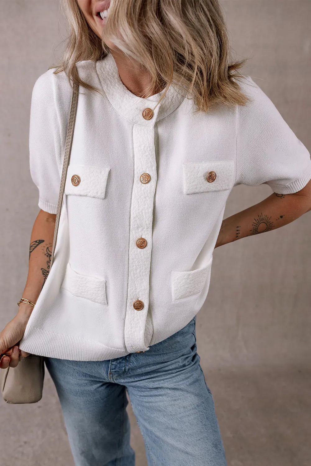 Button Up Round Neck Short Sleeve Knit Top - adritiX