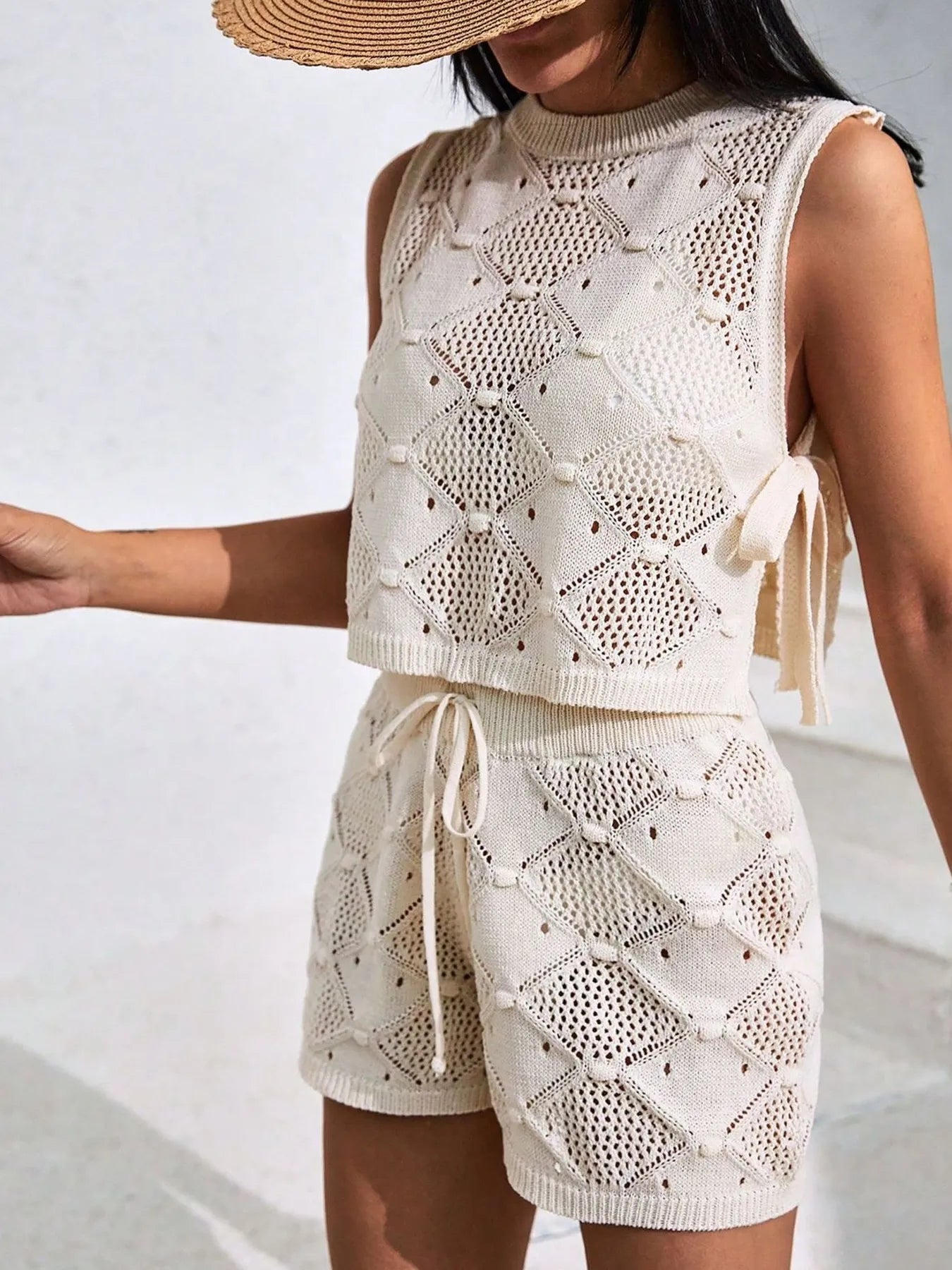 Diamond Pattern Sleeveless Top and Shorts Knit Set - adritiX