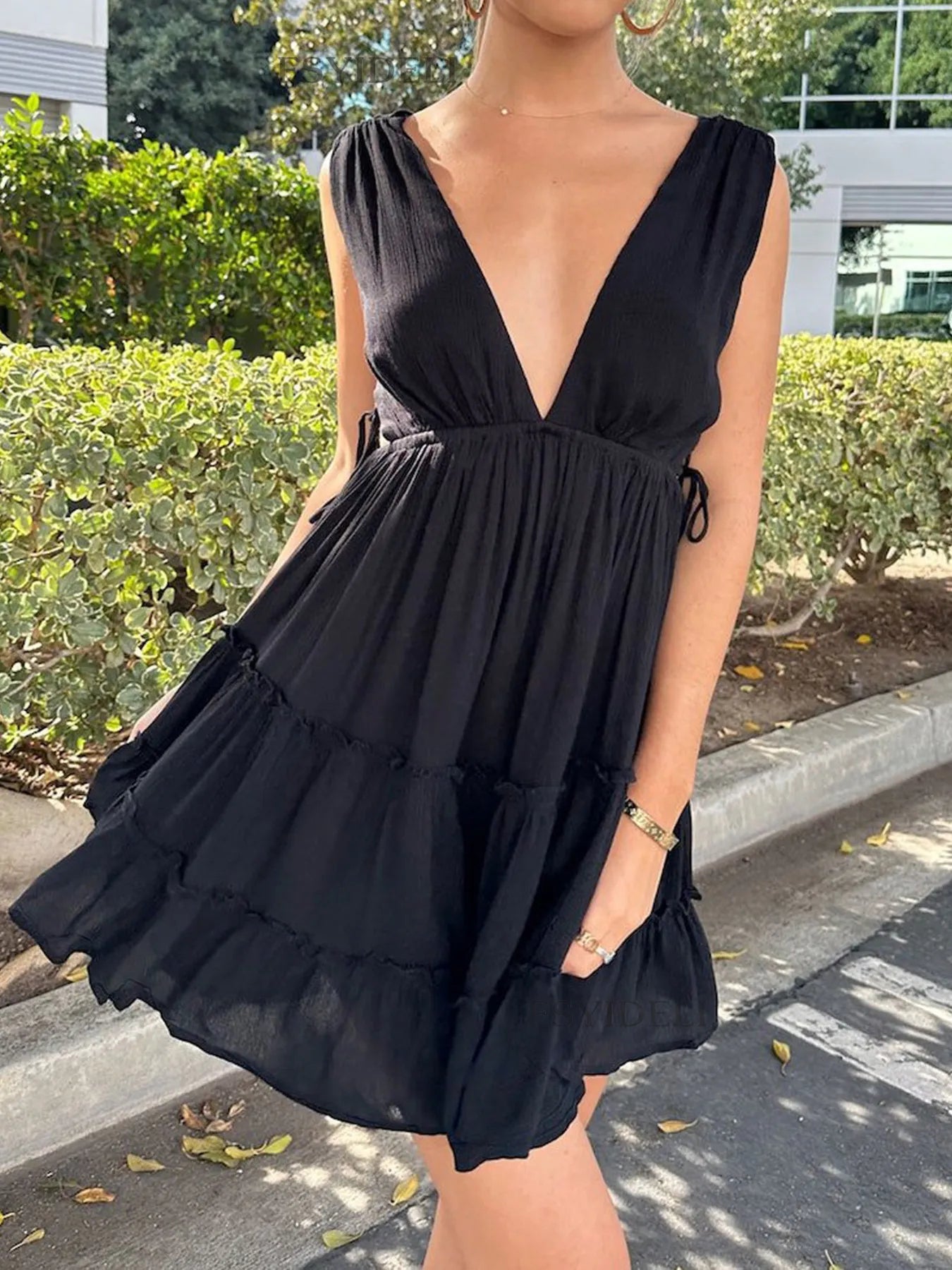 Deep V-Neck Tiered Mini Dress - adritiX