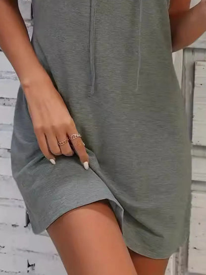Full Size Drawstring Casual Sleeveless Hooded Mini Dress Plus Size - adritiX